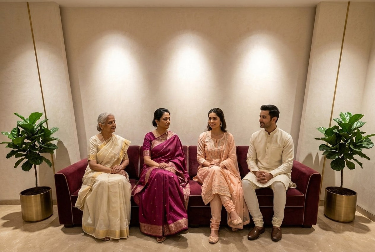 3D design visual – waiting lounge with soft wall washes and light on faces, Aari Tari, Jaipur