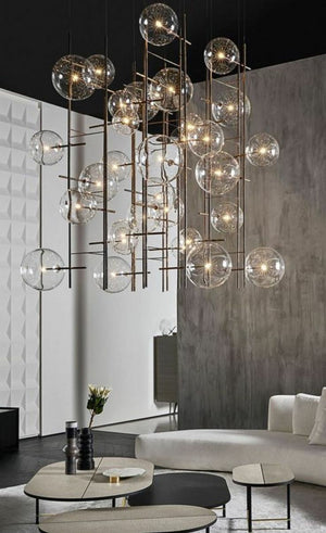 Bronze Lattice Glass Bubble Chandelier – A Statement Piece for Double-Height Living Rooms