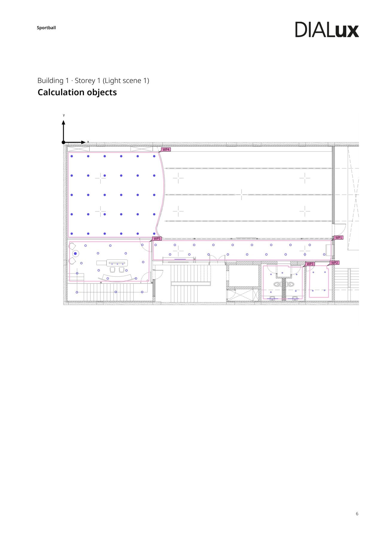 Sportball Dialux — working planes summary (Ē, Uo, target checks per room)