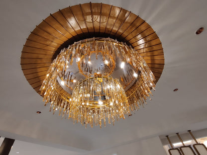 Wood Pagoda Canopy Crystal Rod Cascade Chandelier – A Statement Piece for Grand Foyers