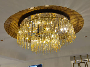 Wood Pagoda Canopy Crystal Rod Cascade Chandelier – A Statement Piece for Grand Foyers