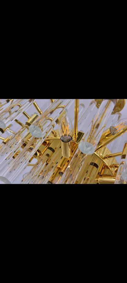 Golden Starburst Crystal Rod Chandelier – A Statement Piece for Double-Height Lobbies