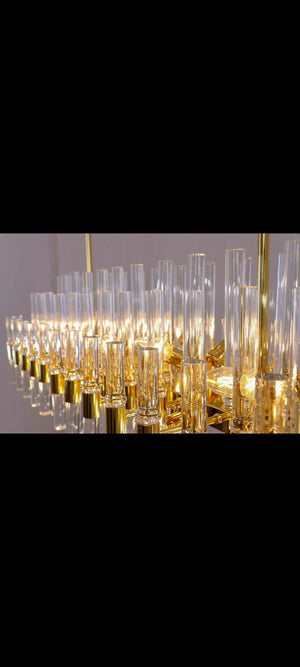 Golden Starburst Crystal Rod Chandelier – A Statement Piece for Double-Height Lobbies