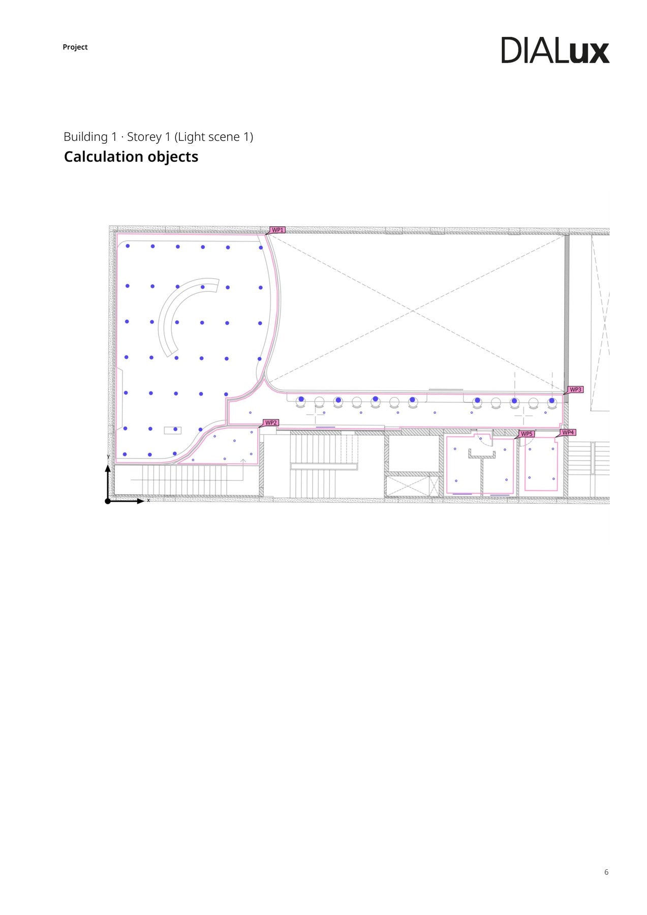 Sportball Dialux — per-room lux contour map