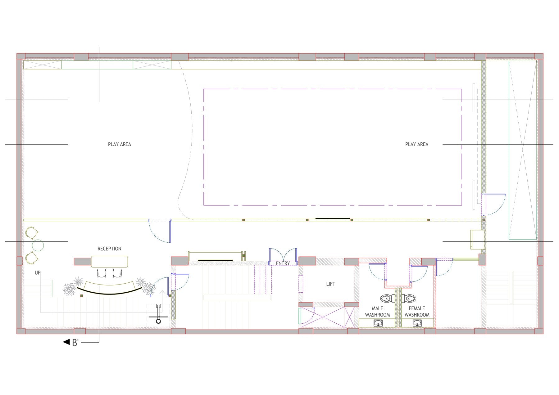 Sportball — architectural overview (layout + sections from the original brief)