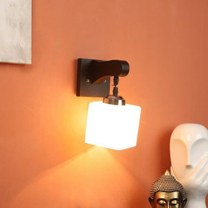 ELIANTE Brown Wood Base White Glass Shade Wall Light - 1009-1W - Bulb Included