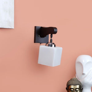 ELIANTE Brown Wood Base White Glass Shade Wall Light - 1009-1W - Bulb Included