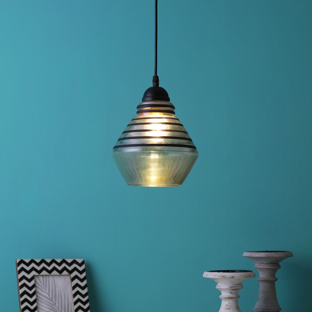 Black Metal Single Hanging Light Yellow Glass - 1021-HL