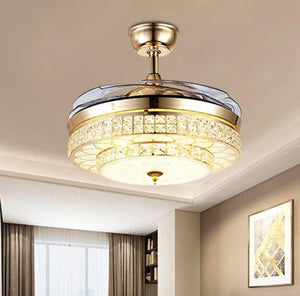 JS-FO - FI-7770 High Speed Crystal Chandelier Fans French Gold Finish Acrylic Blades Size 1070mm