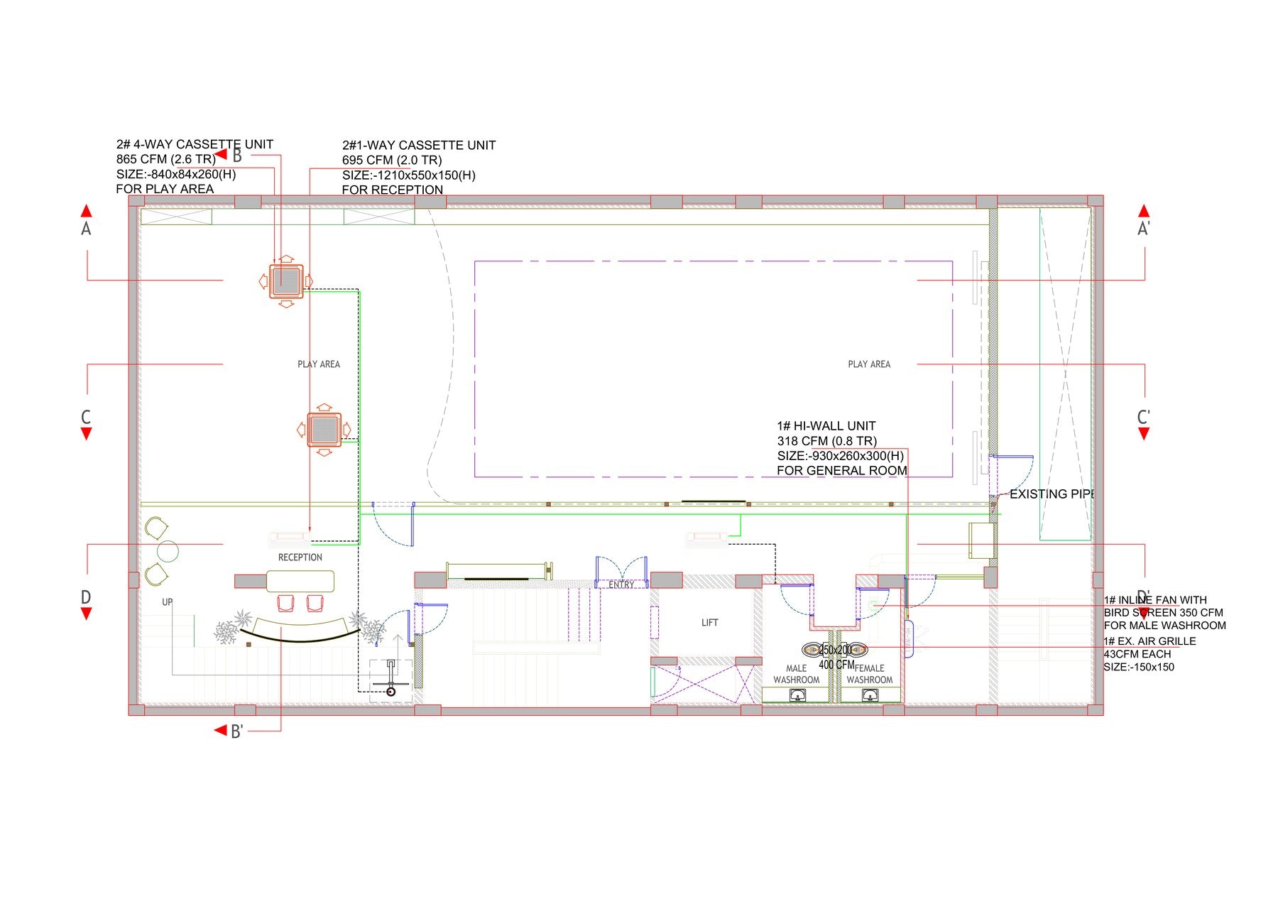 Sportball — ground floor ceiling elevation (fixture placement reference)