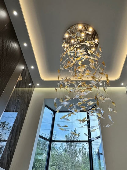 Falling Leaves Glass Cascade Chandelier – A Sculptural Statement for Double-Height Stairwells