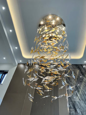 Falling Leaves Glass Cascade Chandelier – A Sculptural Statement for Double-Height Stairwells