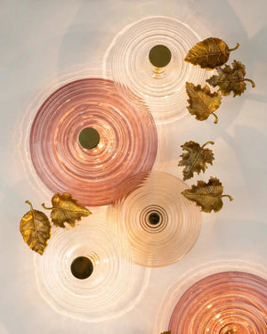 Amber Ripple Glass Wall Chandelier – A Gilded Leaf-Accented Illuminated Sculpture