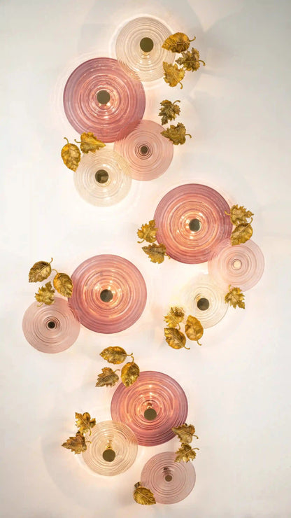 Amber Ripple Glass Wall Chandelier – A Gilded Leaf-Accented Illuminated Sculpture