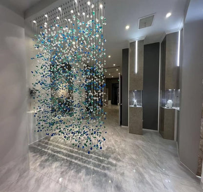 Aquamarine Sea-Glass Canopy Chandelier – A Room-Divider Statement for Double-Height Spaces