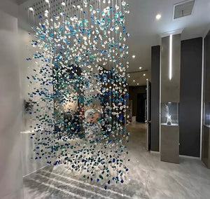 Aquamarine Sea-Glass Canopy Chandelier – A Room-Divider Statement for Double-Height Spaces