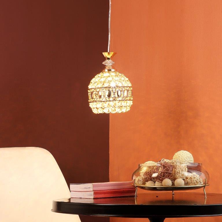 ELIANTE Gold Iron Base White Crystals Shade Hanging Light - 204-1Lp-Cristal - Inbuilt LED