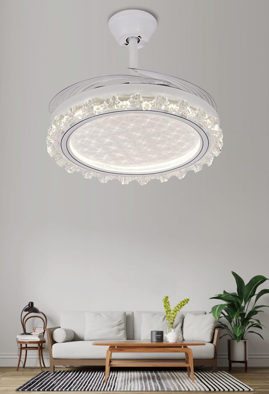 JS-FO - FI-7768 High Speed Crystal Chandelier Fans White Finish Acrylic Blades Size 1070mm