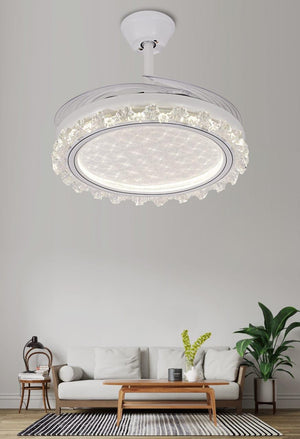 JS-FO - FI-7768 High Speed Crystal Chandelier Fans White Finish Acrylic Blades Size 1070mm