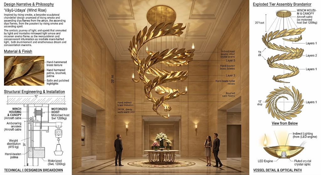 Spiral Diya Brass Chandelier – A Sculptural Statement for Grand Double-Height Lobbies