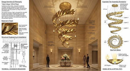 Spiral Diya Brass Chandelier – A Sculptural Statement for Grand Double-Height Lobbies