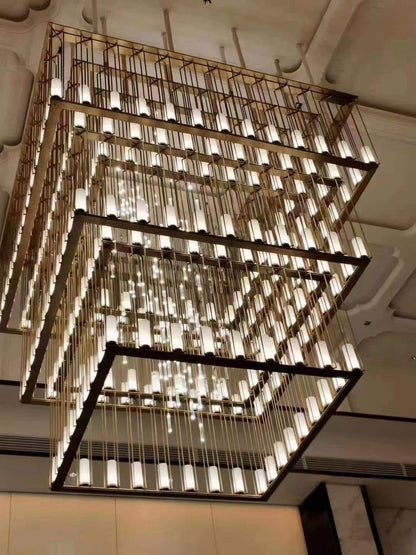 Geometric Brass Grid Cage Chandelier – A Statement Piece for Grand Hotel Lobbies