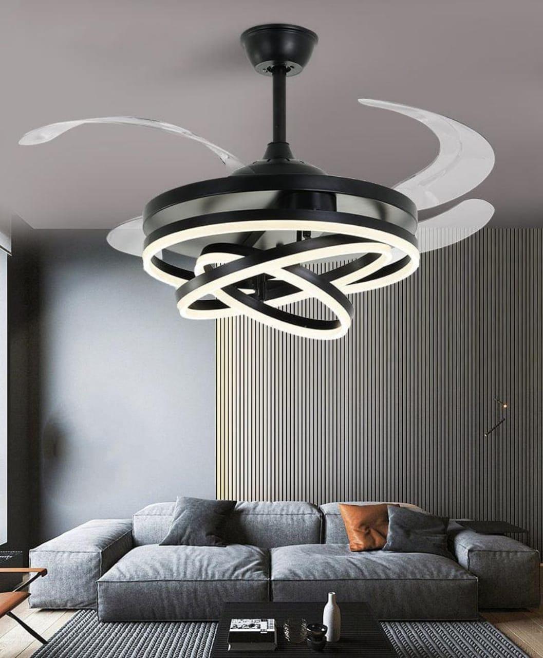 JS-FO - FI-7784-BK High Speed Modern Chandelier Fans Black Finish Acrylic Blades Size 1070mm