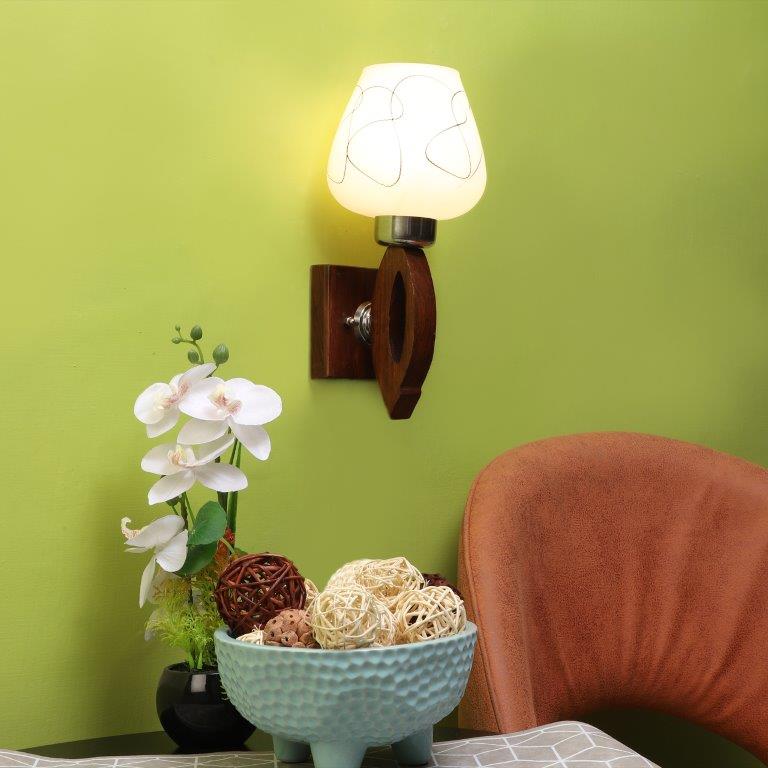 ELIANTE Brown Wood Base White White Shade Wall Light - 3007-1W - Bulb Included