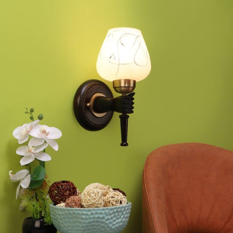 ELIANTE Brown Wood Base White White Shade Wall Light - 3011-1W - Bulb Included