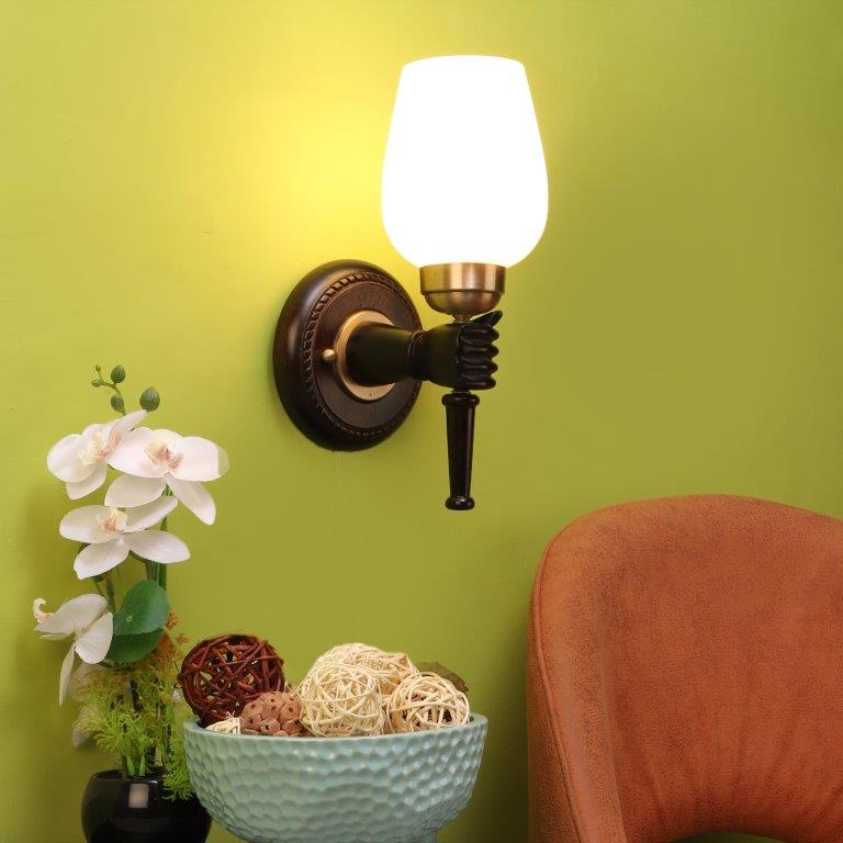 ELIANTE Brown Wood Base White White Shade Wall Light - 3012-1W - Bulb Included