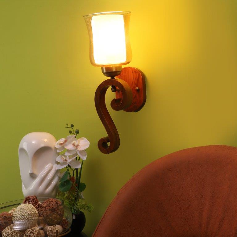 ELIANTE Brown Wood Base White and Gold White Shade Wall Light - 3043-1W - Bulb Included