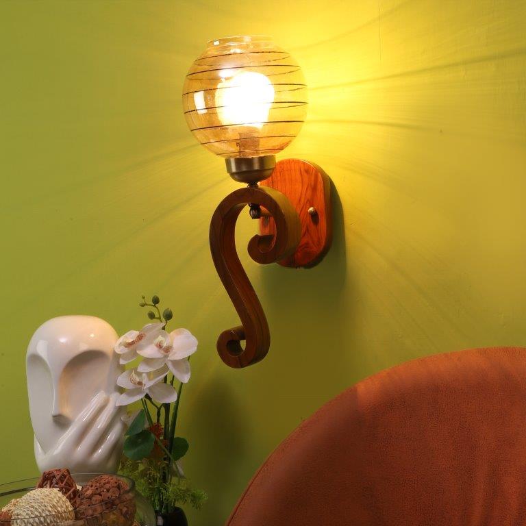 ELIANTE Brown Wood Base Gold White Shade Wall Light - 3045-1W - Bulb Included