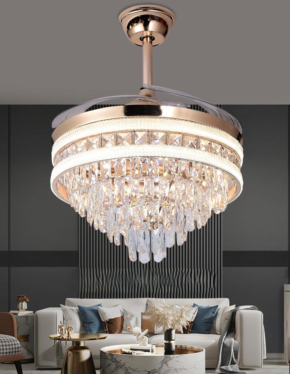 JS-FO - FI-7641 High Speed Crystal Chandelier Fans Gold Finish Acrylic Blades Size 1070mm