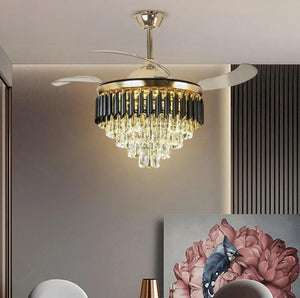 JS-FO - FI-7776 High Speed Crystal Chandelier Fans Black + Gold Finish Acrylic Blades Size 1070mm