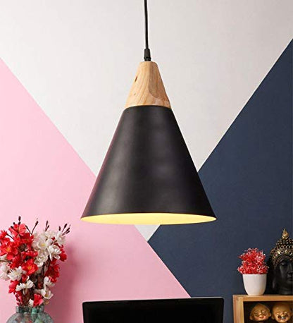ELIANTE - Black Single Head Vintage Metal Cone/Chilam Shaped Hanging Pendant Ceiling Light by Jainsons Lights - Hanging-BK+WH+Wood - Without Bulb | by Jainsons Lights