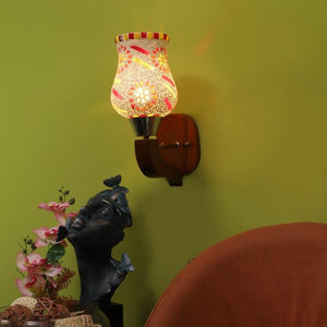 ELIANTE Brown Wood Base Multicolour White Shade Wall Light - 4313-1W-Multi - Bulb Included