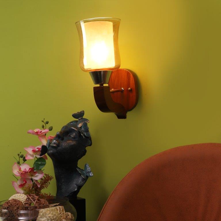 ELIANTE Brown Wood Base White and Gold White Shade Wall Light - 4314-1W - Bulb Included