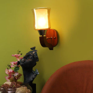 ELIANTE Brown Wood Base White and Gold White Shade Wall Light - 4314-1W - Bulb Included