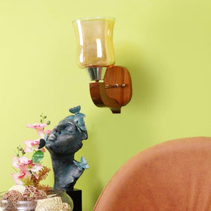 ELIANTE Brown Wood Base White and Gold White Shade Wall Light - 4314-1W - Bulb Included