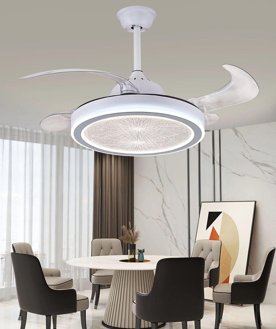 JS-FO - FI-7769 High Speed Modern Chandelier Fans White Finish Acrylic Blades Size 1070mm