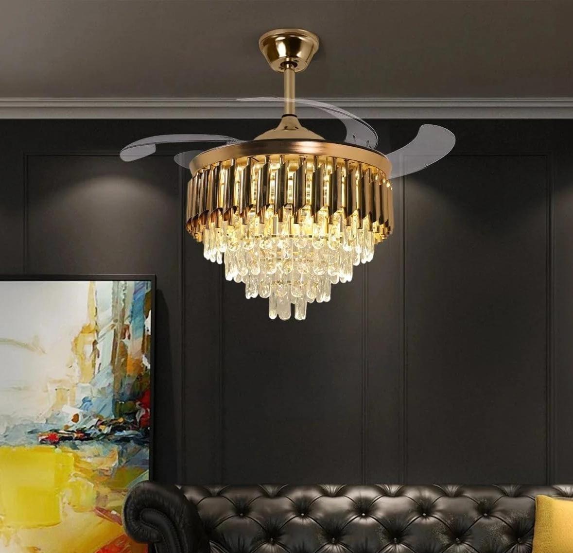 JS-FO - FI-7771 High Speed Crystal Chandelier Fans French Gold Finish Acrylic Blades Size 1070mm