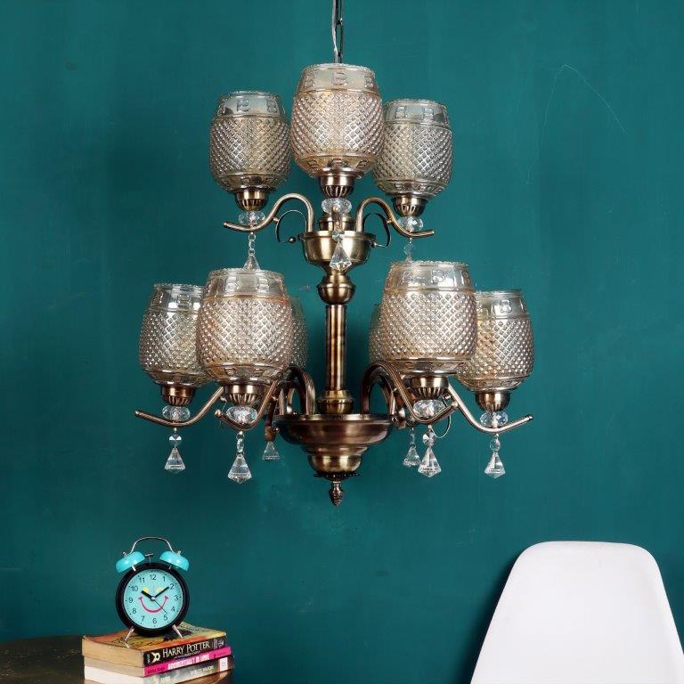 Antique Brass iron Glass Chandeliers  - 5003-6+3 - Included Bulbs