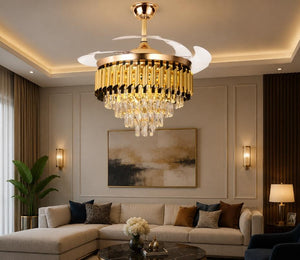 JS-FO - FI-7773 High Speed Crystal Chandelier Fans Gold + Black Finish Acrylic Blades Size 1070mm