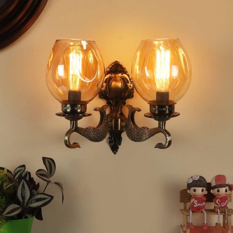ELIANTE Double Glass Antique Wall Light with Bird Design – Metal Wooden Decorative Wall Sconce Lamp for Bedroom Living Room Hallway Dining | E27 Holder | 3 Years Warranty | Free LED LAMP