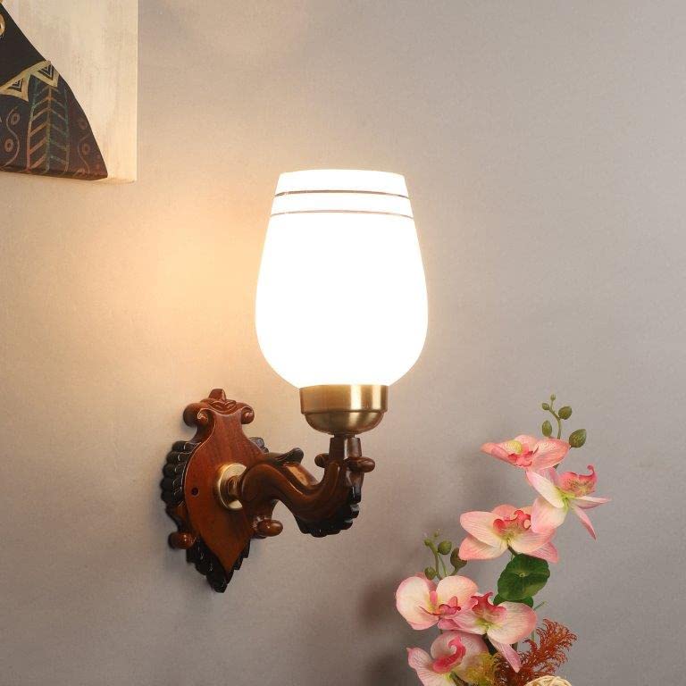 ELIANTE Brown Wood Base White Glass Shade Wall Light - 8453-1W - Without Bulb | by Jainsons Lights