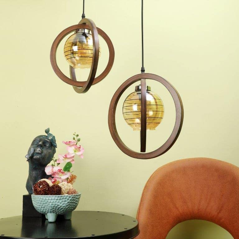 ELIANTE Wood Hanging Ligh Brown Base Gold White Shade Hanging Light for Living Room, Bedroom, Dining Room, Kitchen | by Jainsons Lights
