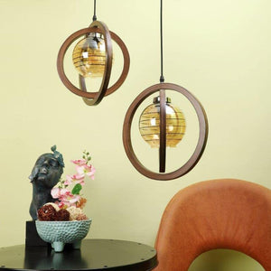 ELIANTE Wood Hanging Ligh Brown Base Gold White Shade Hanging Light for Living Room, Bedroom, Dining Room, Kitchen | by Jainsons Lights