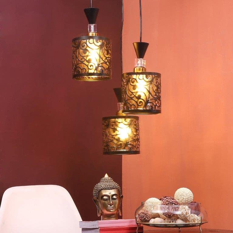 ELIANTE Black Iron Base Gold Glass Shade Hanging Light - A-4472-3Lp - Without Bulb | by Jainsons Lights