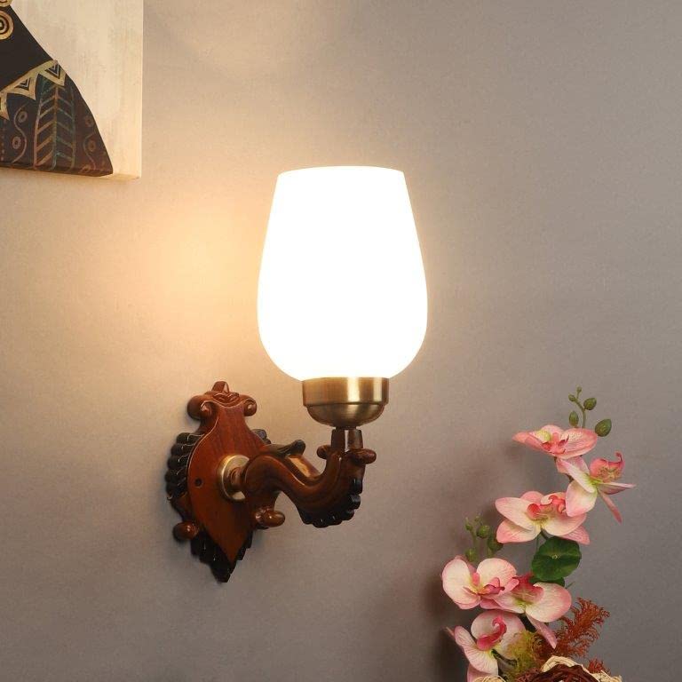 ELIANTE Wood Wall Light Base White Glass Shade Wall Light for Living Room, Bedroom, Dining Room, Kitchen | by Jainsons Lights