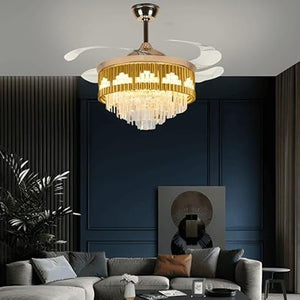 JS-FO - FI-7779 High Speed Crystal Chandelier Fans Gold Finish Acrylic Blades Size 1070mm